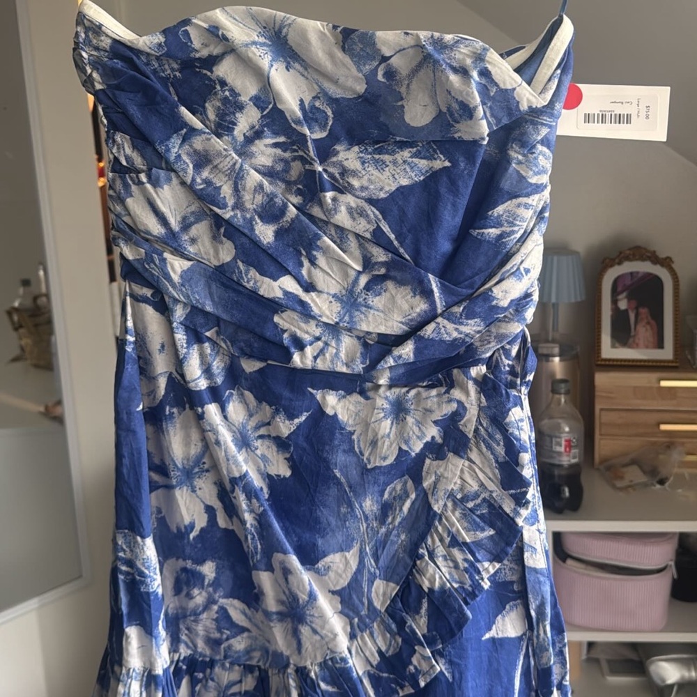 Blue and White Floral Strapless Dress